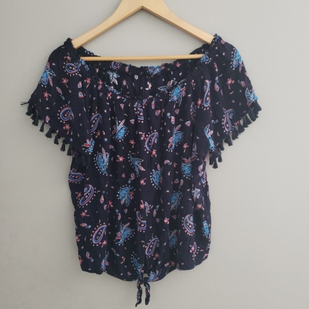 Navy blue flower print peasant top large